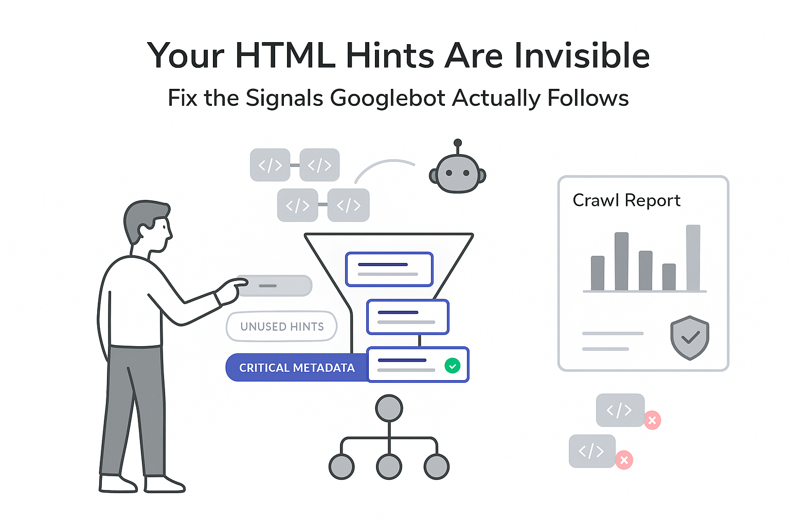 Minimalist crawl control dashboard with funnel sitemap metadata cards toggle person pointing Googlebot bypassing tags