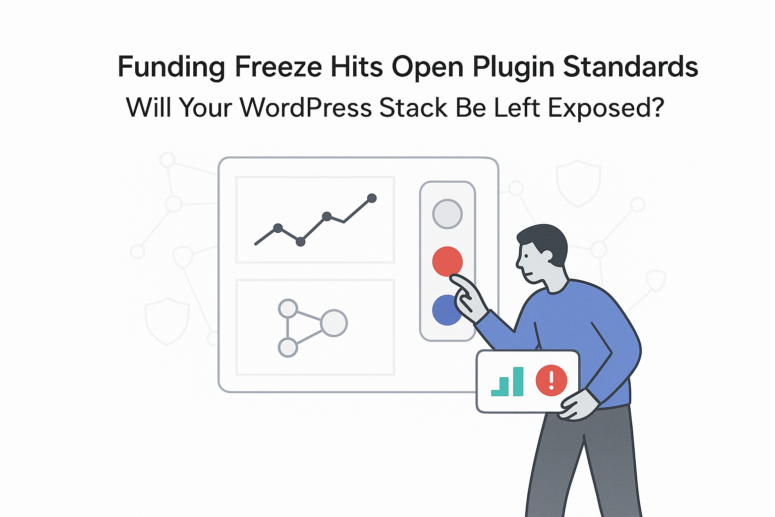 Minimalist tech illustration of project control console with off toggle signaling funding freeze for WordPress
