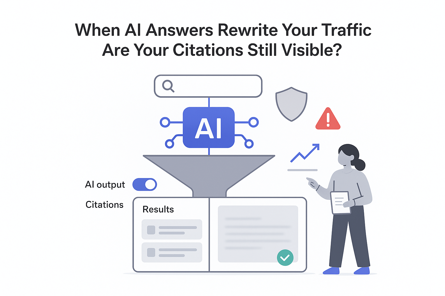 Minimalist tech illustration search to answer funnel AI engine results panel citations toggle shield SEO