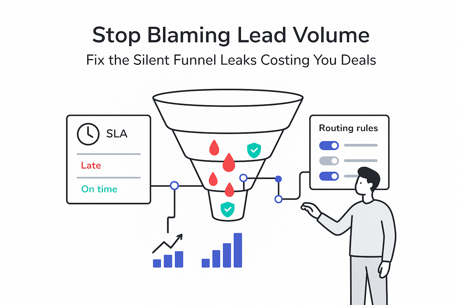 Minimalist tech illustration vertical marketing funnel with leaking leads routing rules SLA panel human