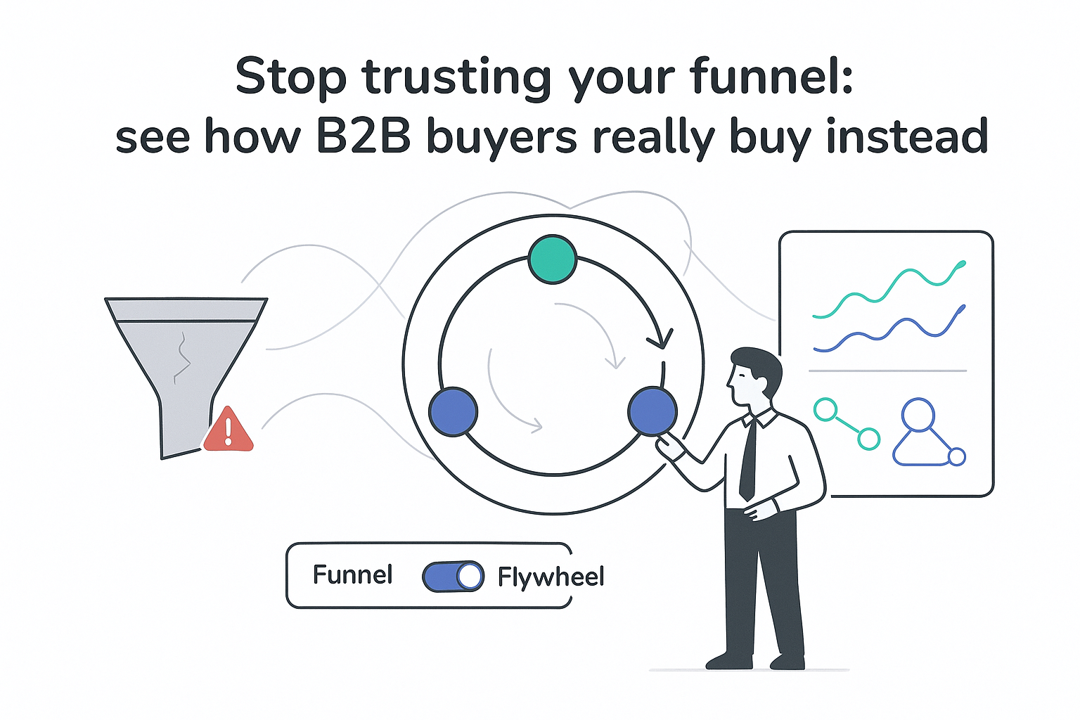 Minimalist tech illustration showing B2B buyers flywheel replacing cracked funnel with analytics panel