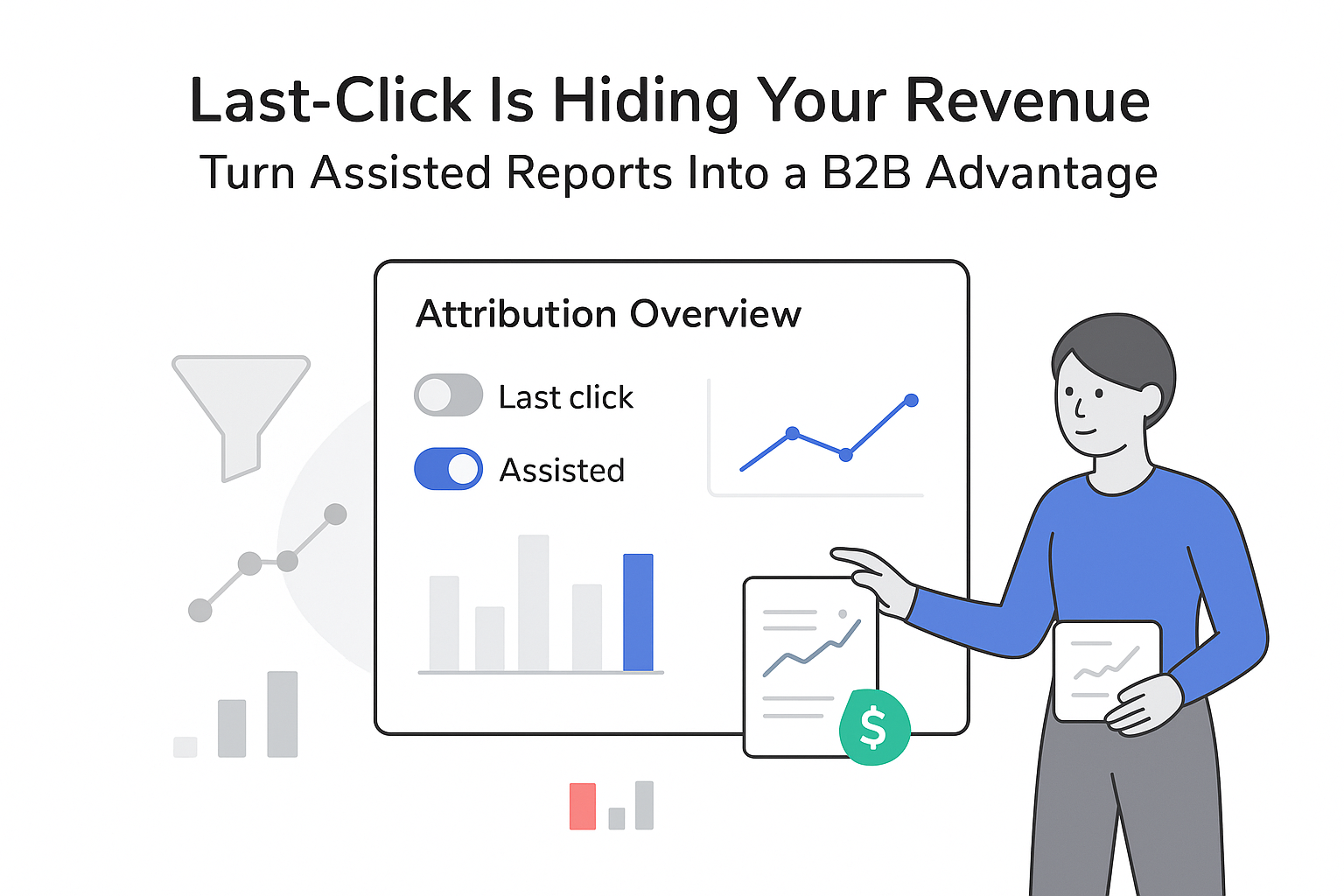 Minimalist analytics attribution panel last click headline assisted toggle active funnel node chain revenue icon