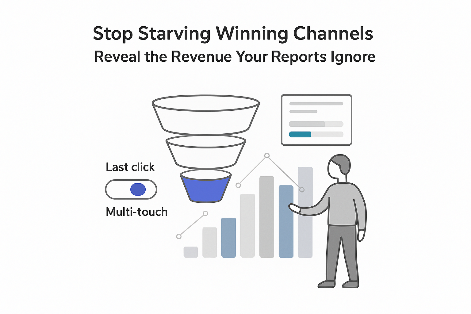 Minimalist illustration sales funnel with last click emphasis toggle multi touch attribution report card
