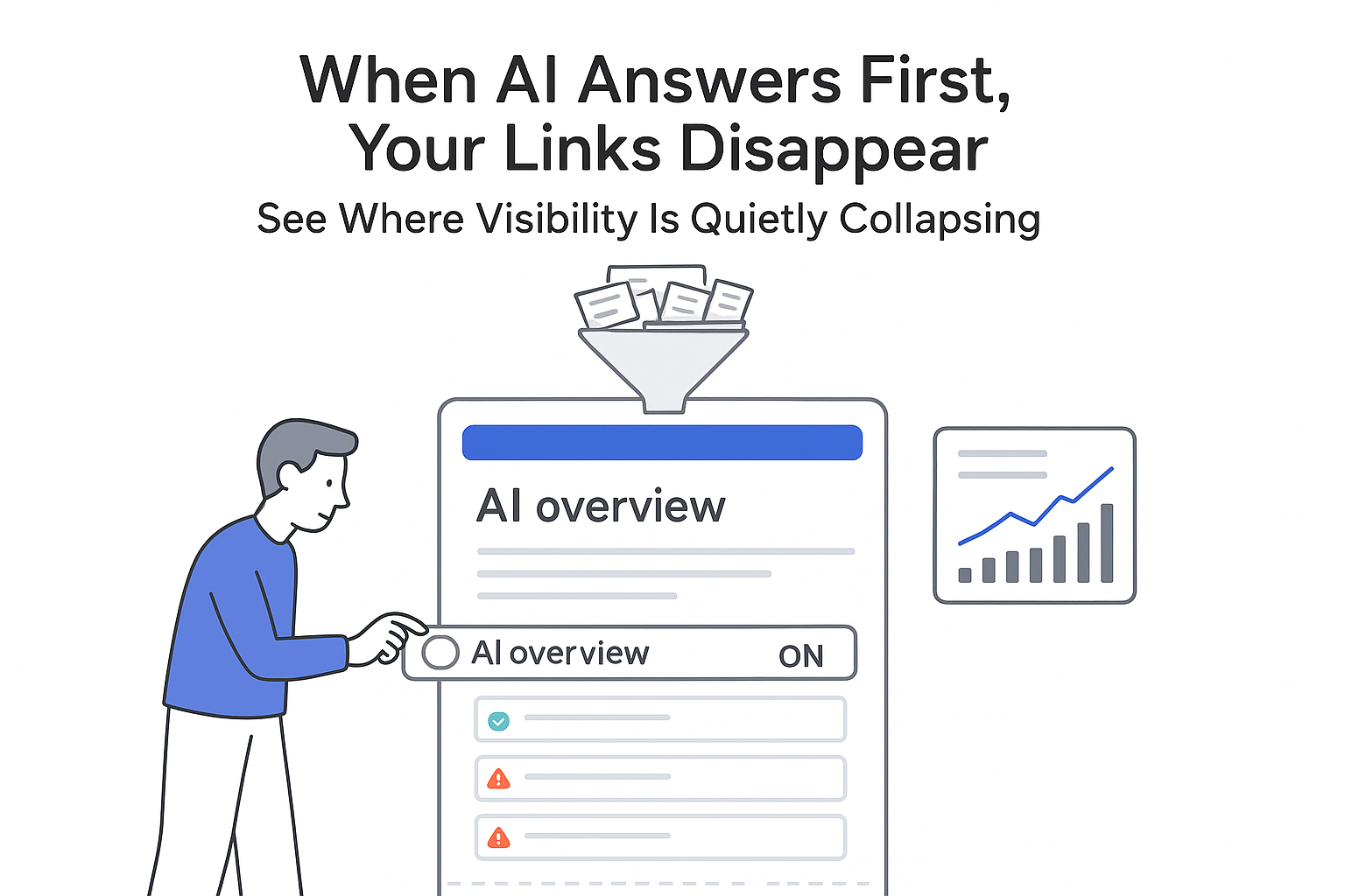 Minimal tech illustration of AI funnel condensing organic links into overview panel with analytics