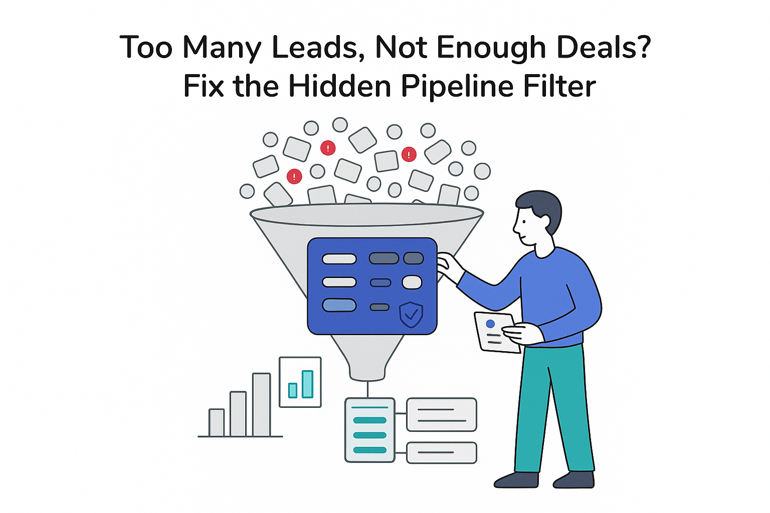 Minimalist illustration of funnel filtering noisy leads into clean opportunities with person adjusting controls