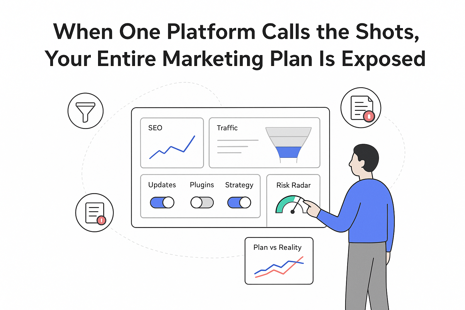 Minimalist marketing control dashboard with SEO graph traffic funnel risk radar toggling platform direction