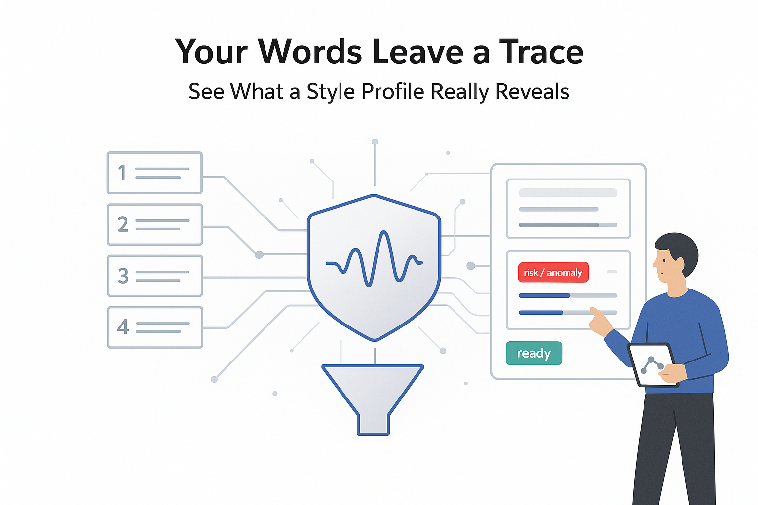Minimalist voiceprint to style engine shield profile with UI sliders human pointing tablet