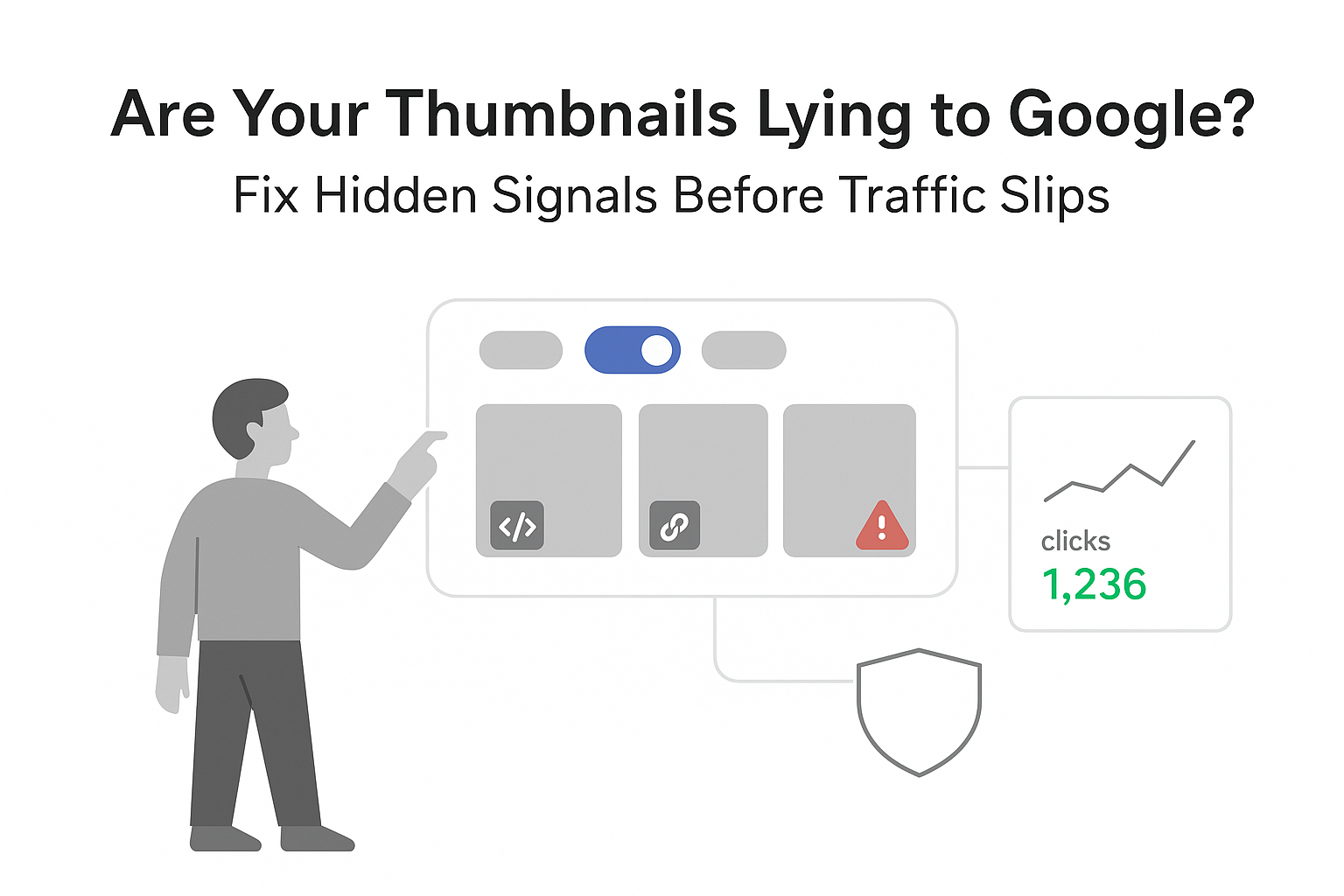 Minimalist thumbnail control hub showing toggles warning icon analytics and person switching toggle for Google