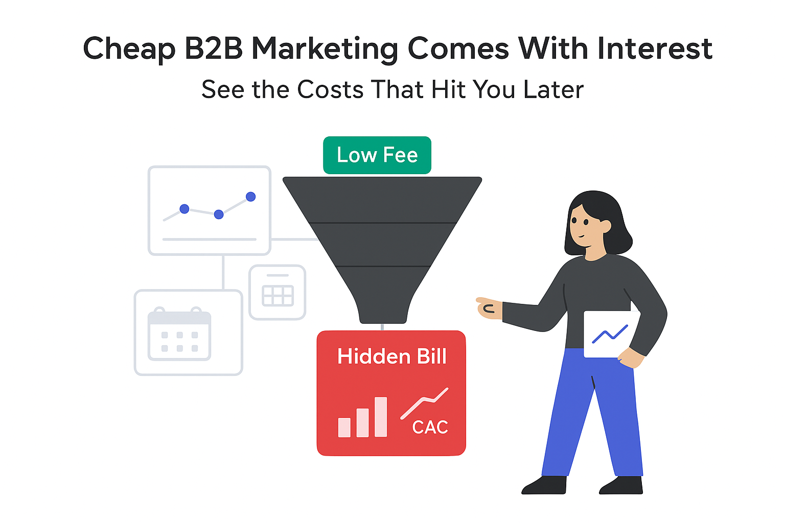 Minimalist B2B marketing hub funnel revealing red hidden bill panel with professional pointing at it