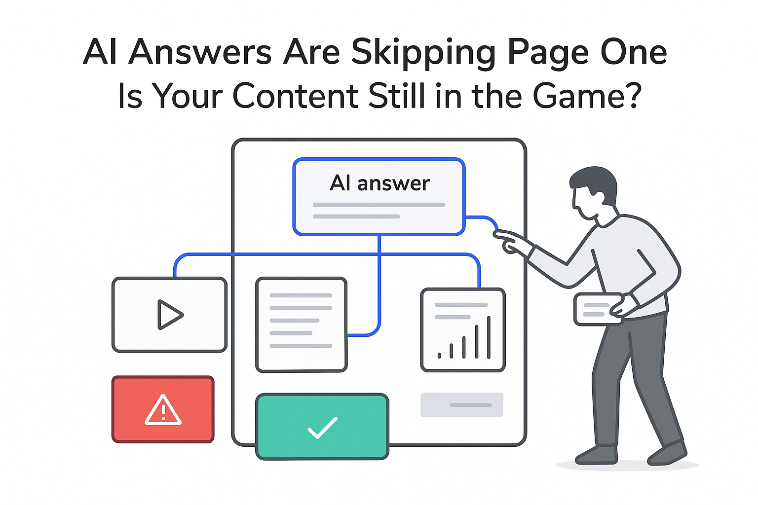 Minimalist illustration of AI answers skipping page one with content tiles and person tapping filter