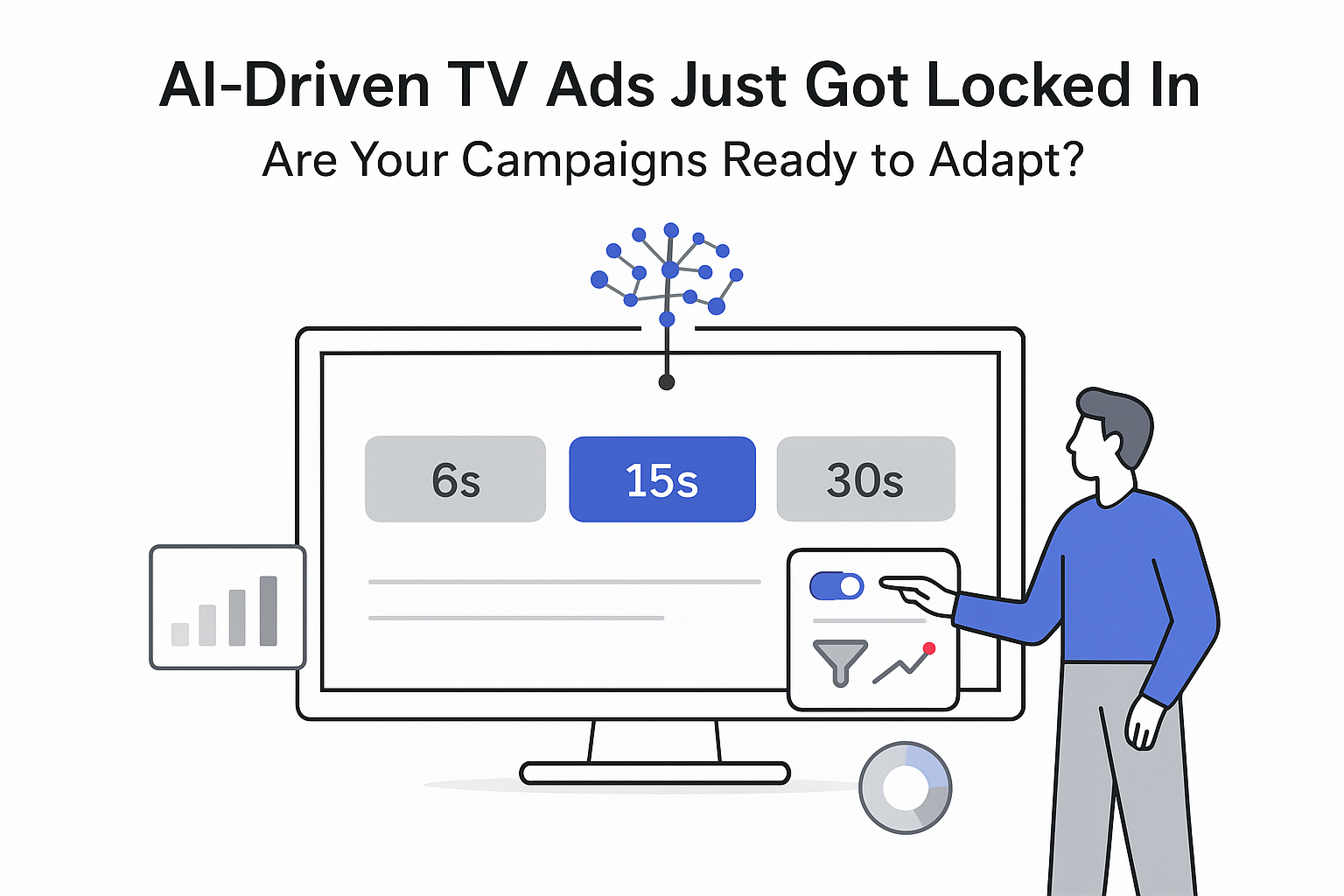 AI driven TV ads timeline illustration with marketer pointing to control panel