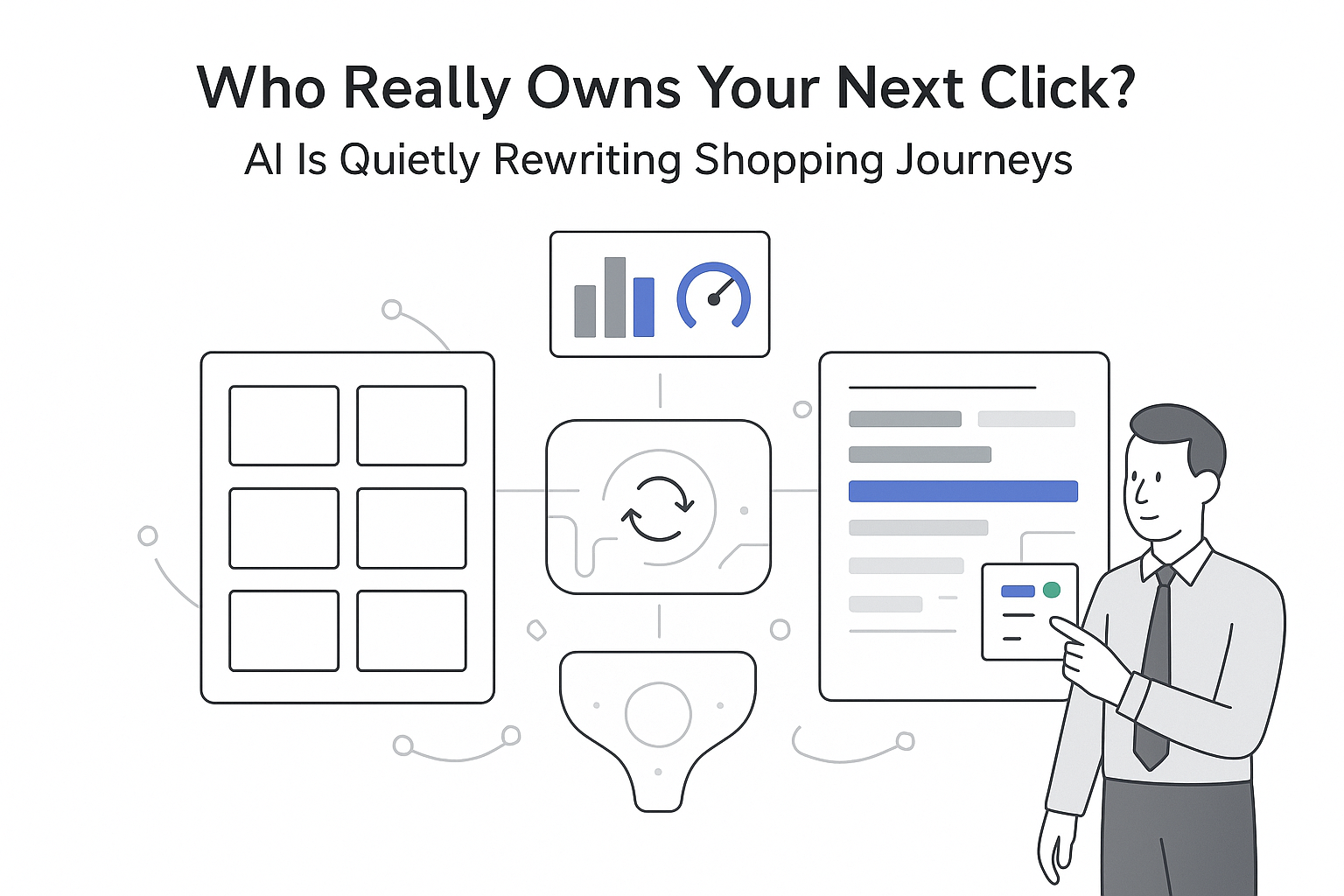 Minimalist AI landing page router funnel with scoring dashboard toggle and person reviewing metrics
