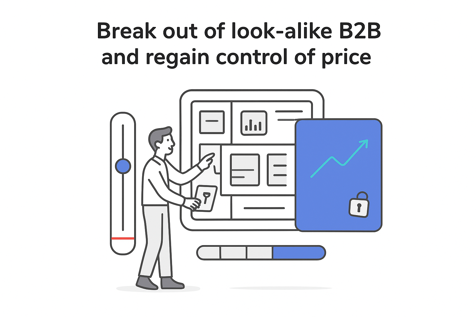 Minimalist tech illustration with open dashboard panel showing price trend unlocked and person adjusting slider