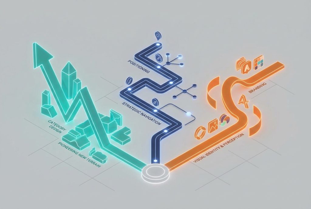 Three distinct strategic pathways showing the difference between category design, brand positioning, and branding in B2B strategy