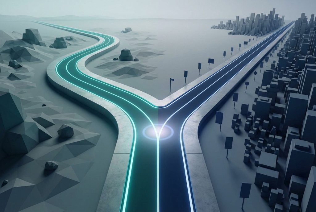 Decision point visualization showing two diverging strategic paths: category design for market creation vs positioning for market share
