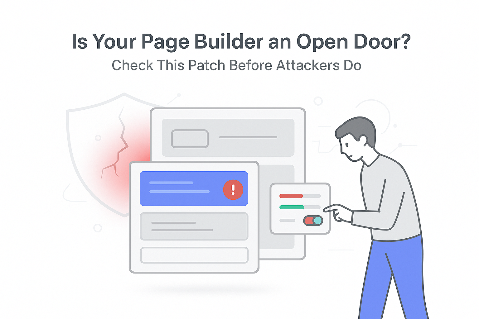 Minimalist website builder interface with alert badge cracked shield and person toggling security patch