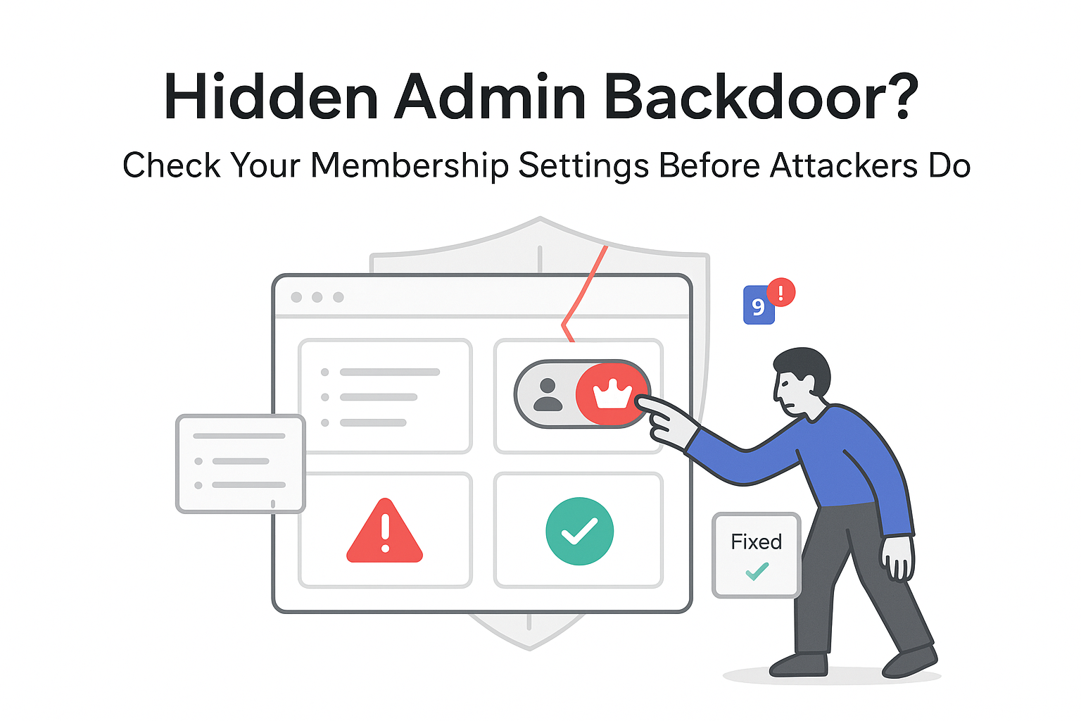Website security dashboard hidden admin backdoor toggle flipped cracked shield person fixes risk report