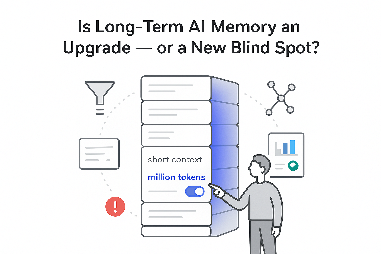 Minimalist illustration of long term AI memory tower with orbiting UI elements and toggle