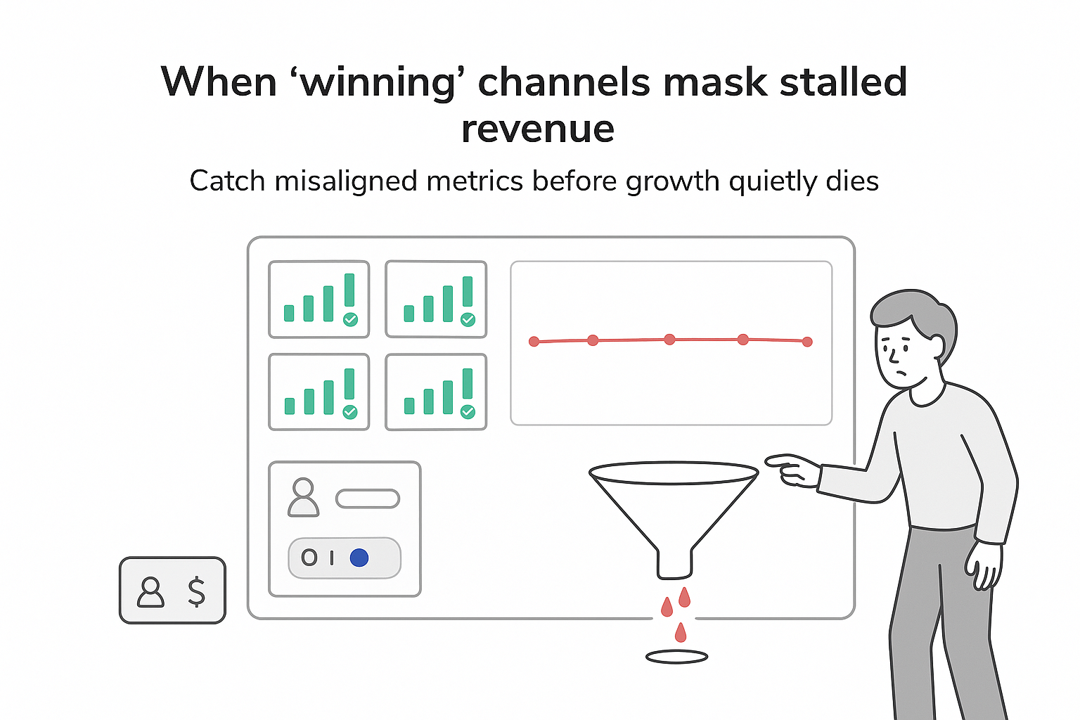 Minimalist analytics dashboard with green success metrics flat red revenue line leaking funnel skeptical user