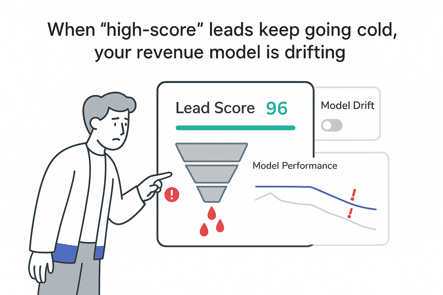 Minimalist B2B analytics dashboard with lead score 96 leaking funnel model drift warning analyst pointing