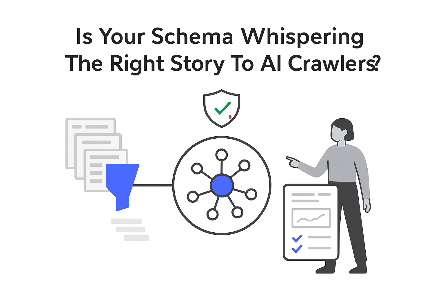 Minimalist schemamap hub showing site structure funnel to AI friendly cards analytics shield alert