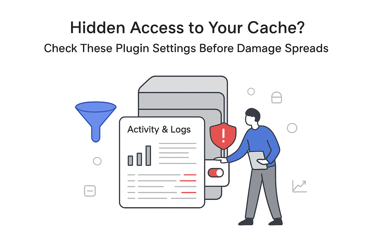 Minimalist caching stack tech illustration with activity logs red alert funnel pointing plugin settings