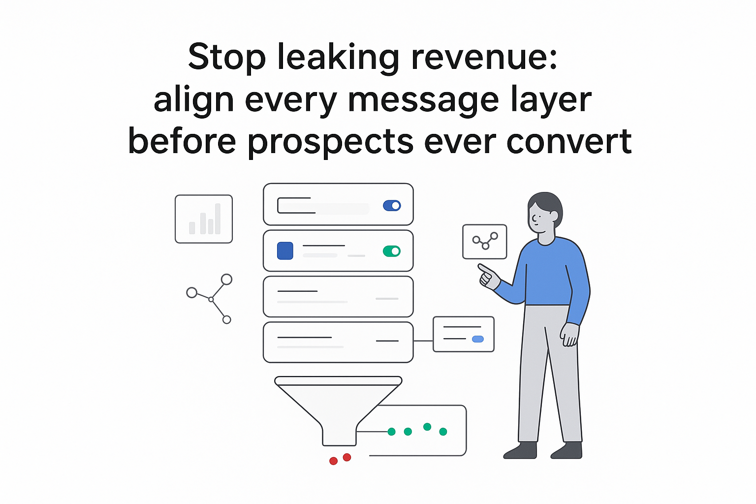 Minimalist tech illustration stacked UI panels aligning messages into B2B pipeline funnel with reviewing character