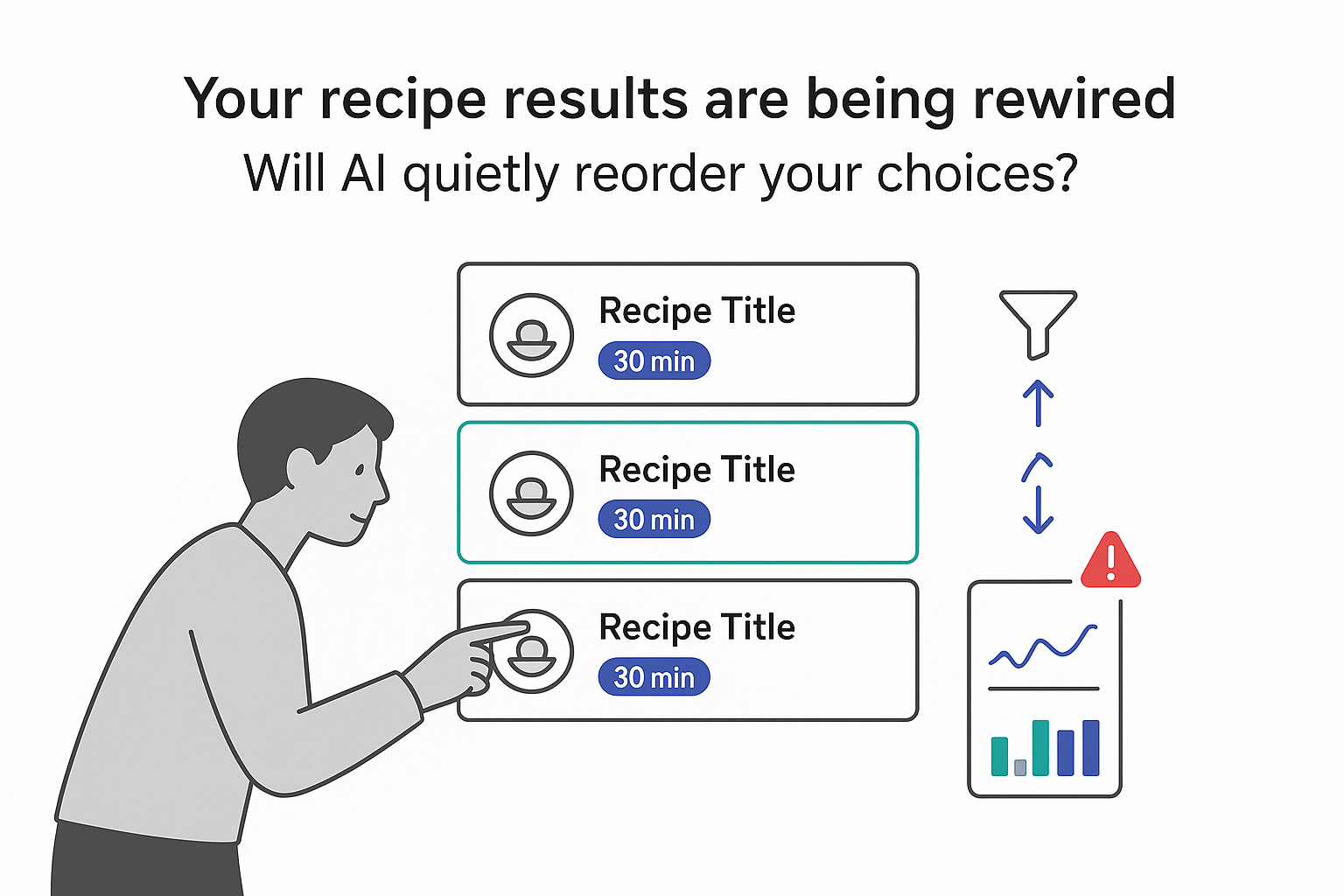 Minimalist recipe search UI with AI reorder toggle highlighted recipe card analytics and user evaluating