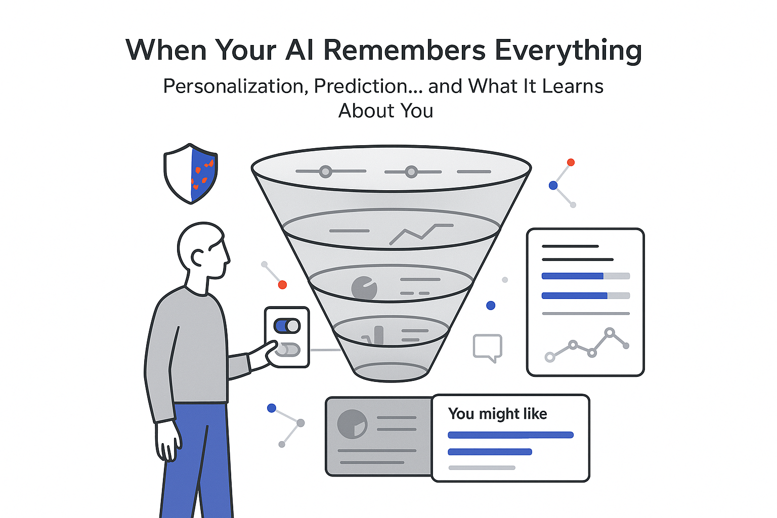 Minimalist tech illustration preference funnel user toggling settings yielding recommendations and privacy risk shield