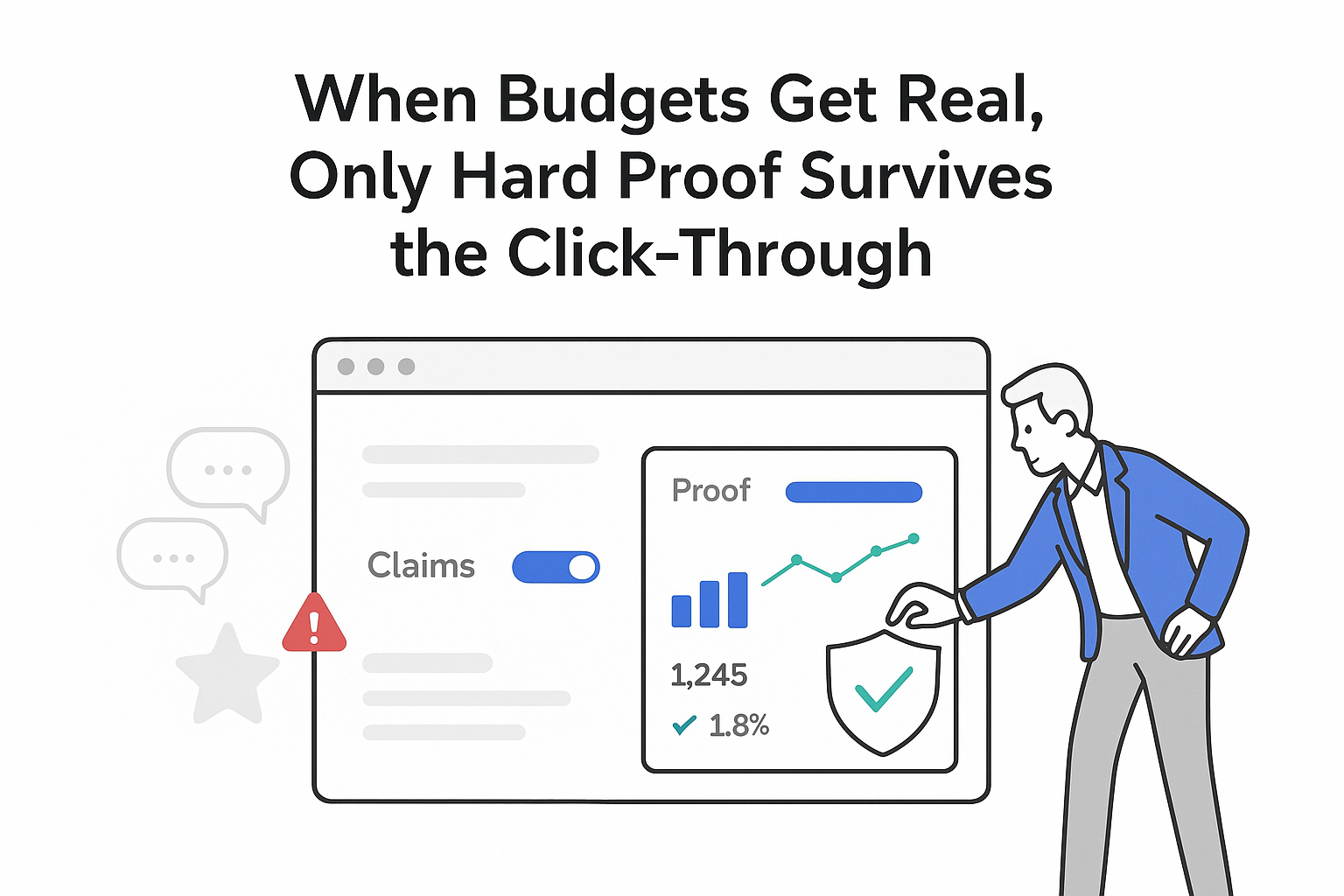 Minimalist browser mockup proof dashboard shield checkmark business buyer toggles proof over claims alert