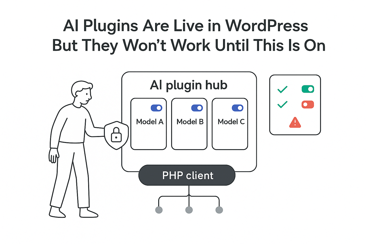 Minimalist illustration of AI plugin hub for WordPress with PHP client node and gated toggle