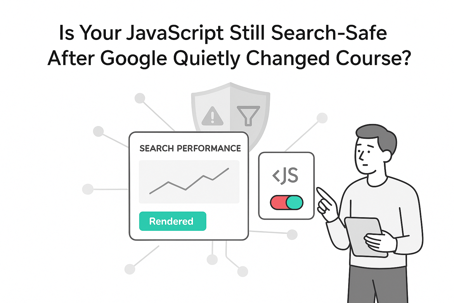Minimalist SEO diagnostics illustration showing JavaScript search safety toggle rendered badge and developer pointing
