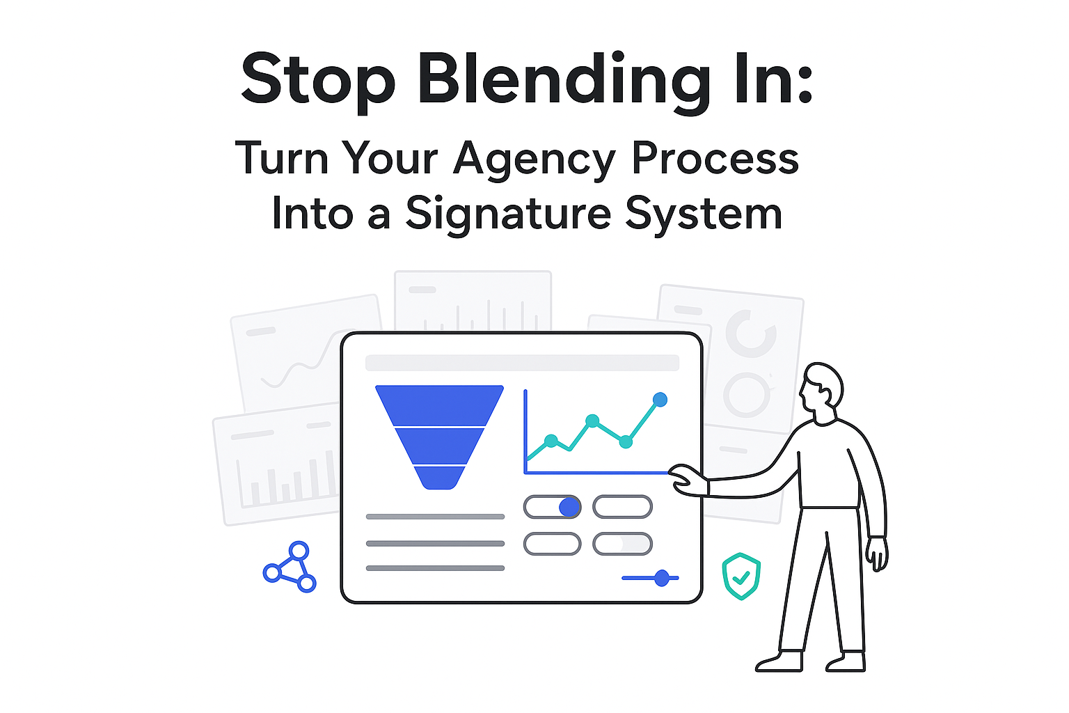 Minimalist tech illustration of customizable analytics dashboard with character toggling controls and faded competitor panels