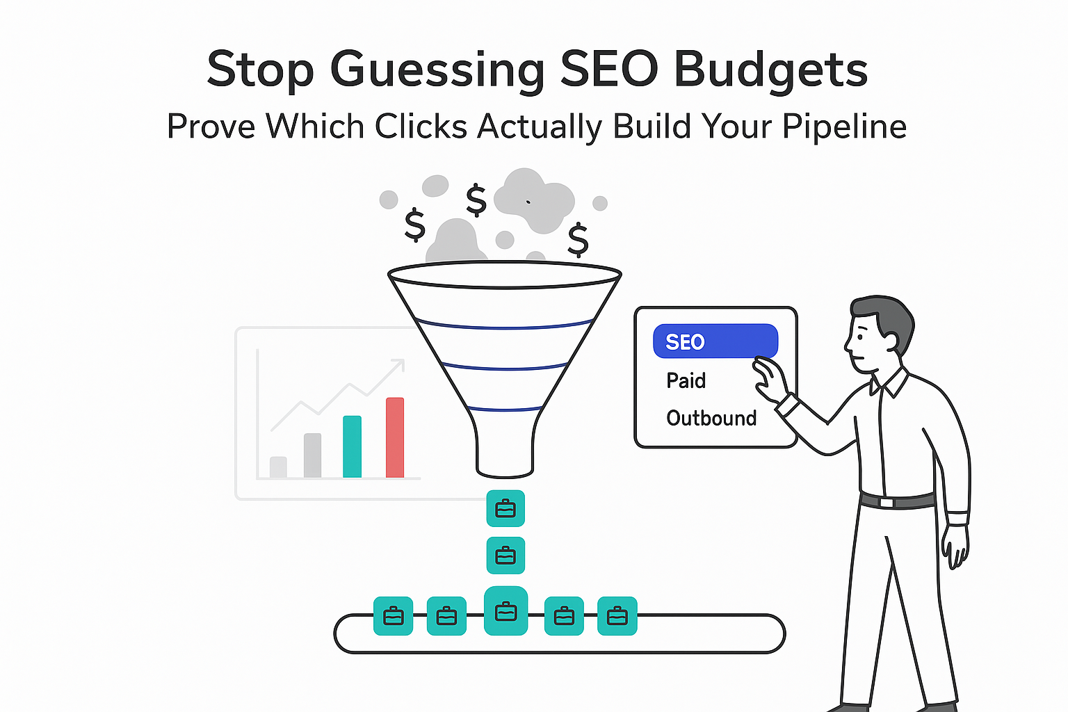 Minimalist vector funnel turning fuzzy SEO spend into pipeline deals with person adjusting toggle