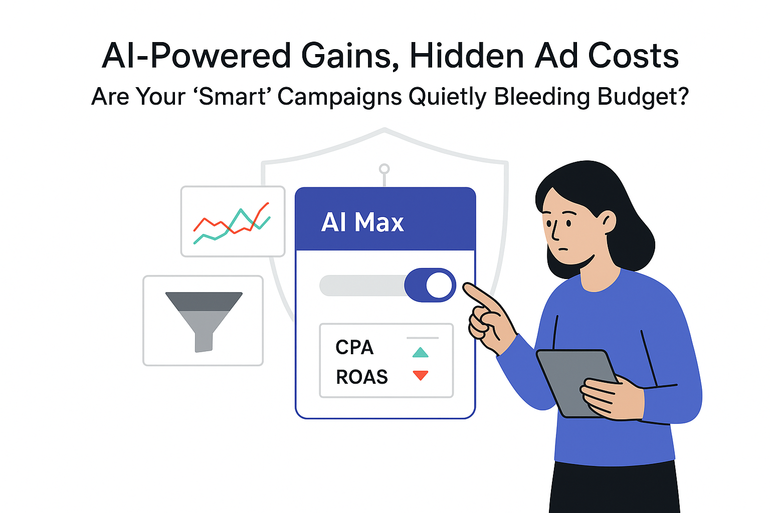 Minimalist white illustration AI powered control panel analytics cards shield person pointing at toggle