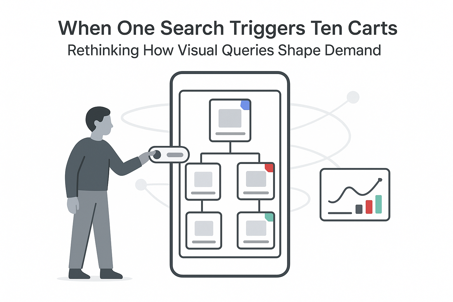 Minimalist visual search smartphone panel branching product tiles marketer toggling multi search analytics demand