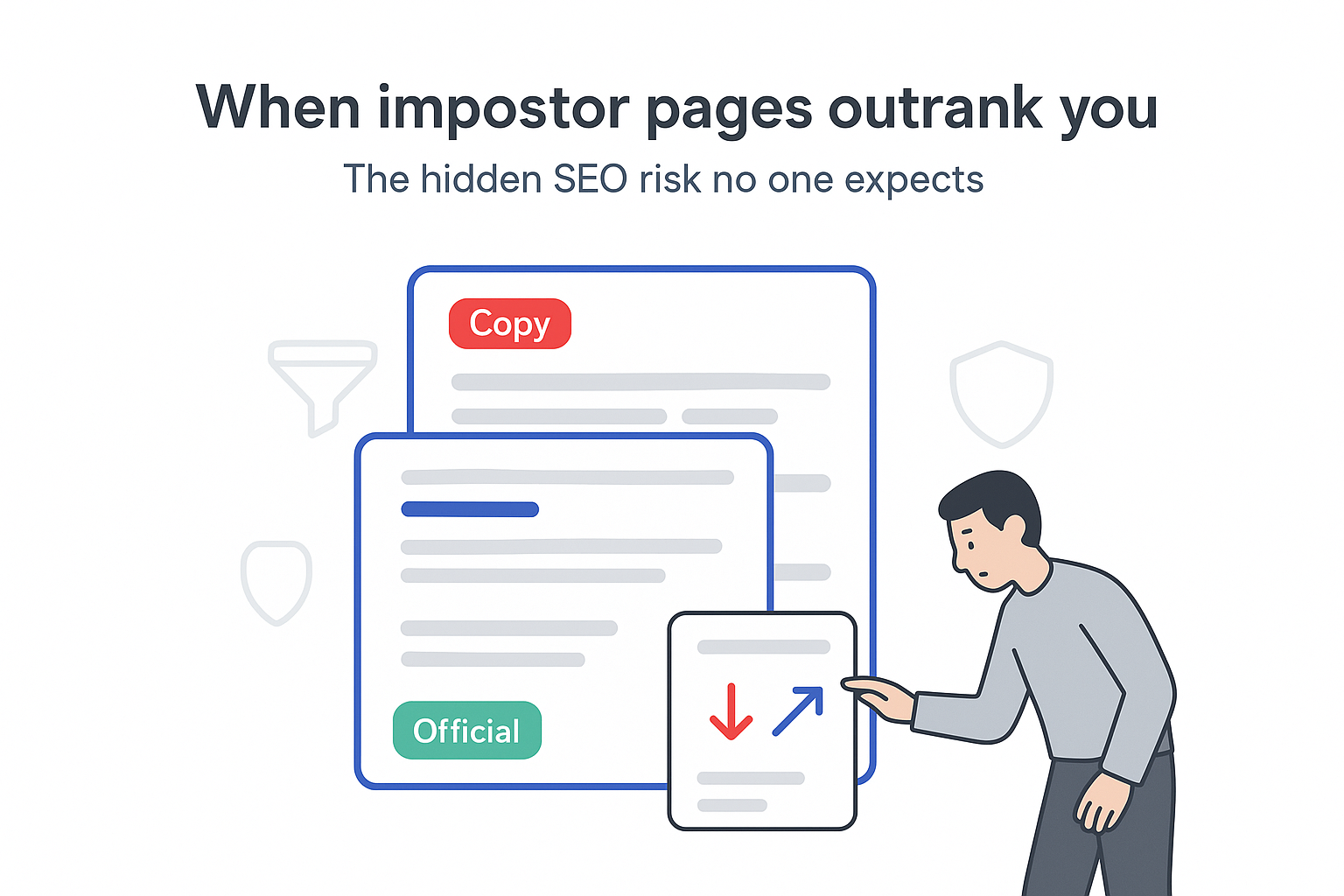 Minimalist illustration of impostor website copy outranking official page with concerned user and SEO analytics