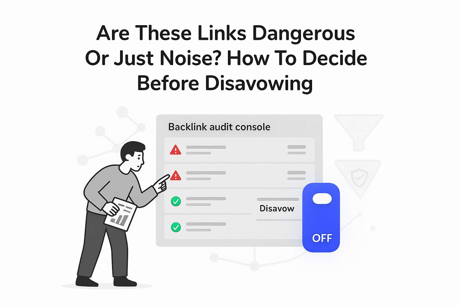Minimalist backlink audit console with disavow toggle warning icons shield funnel person pointing with report