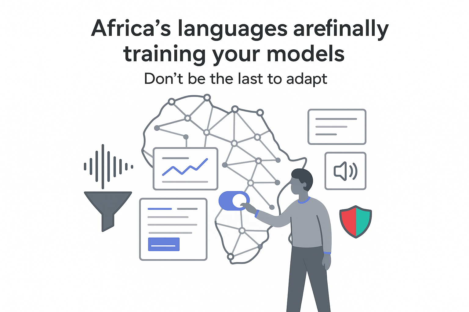 Minimalist Africa illustration audio funnel into AI panels training language models human toggling switch shield