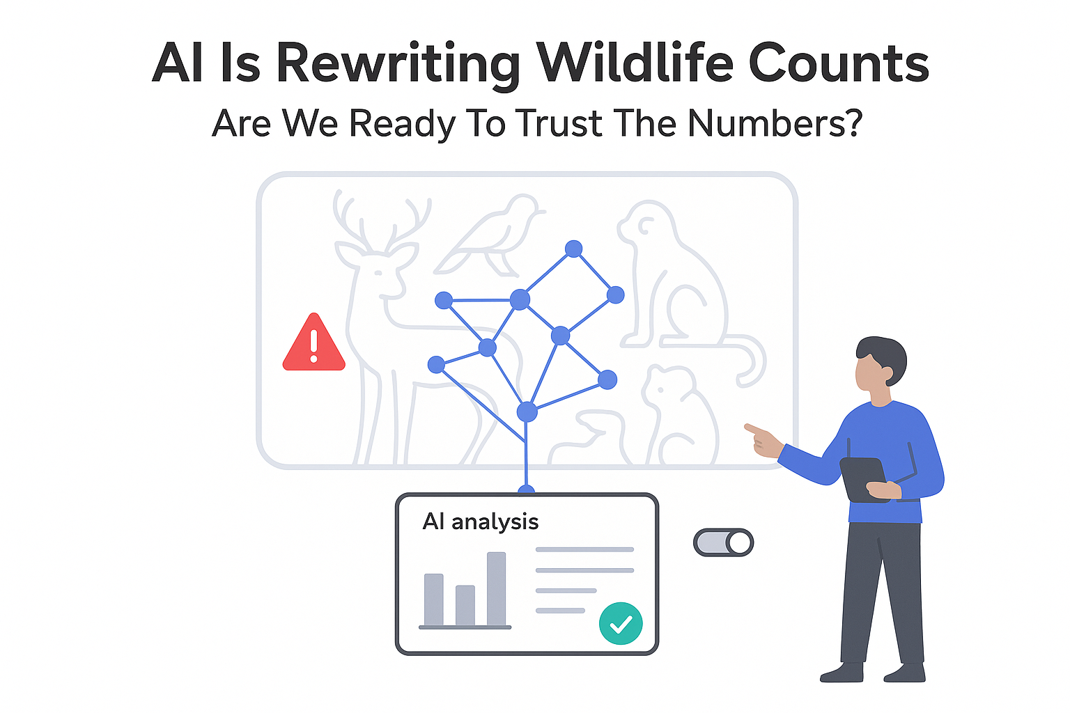AI wildlife camera trap analysis showing verified species report and misclassification alert with scientist
