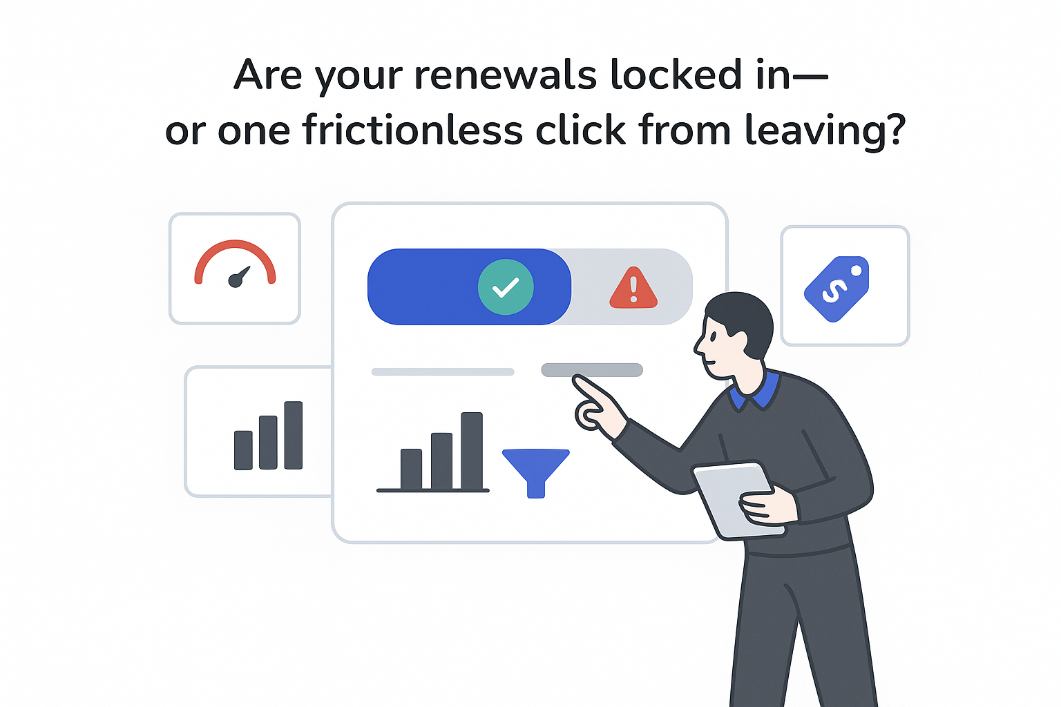 Minimalist renewal decision console illustration with toggle churn analytics panels person pointing