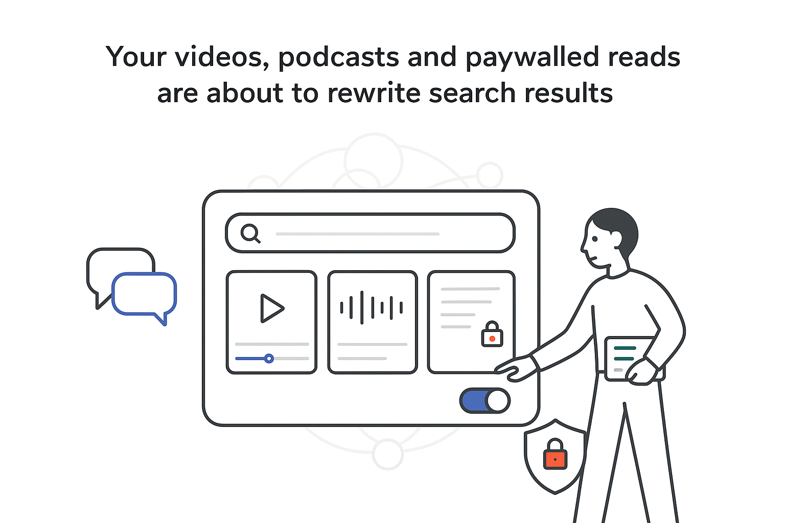 Minimalist smart search panel with video audio paywalled article language funnel shield user toggling access