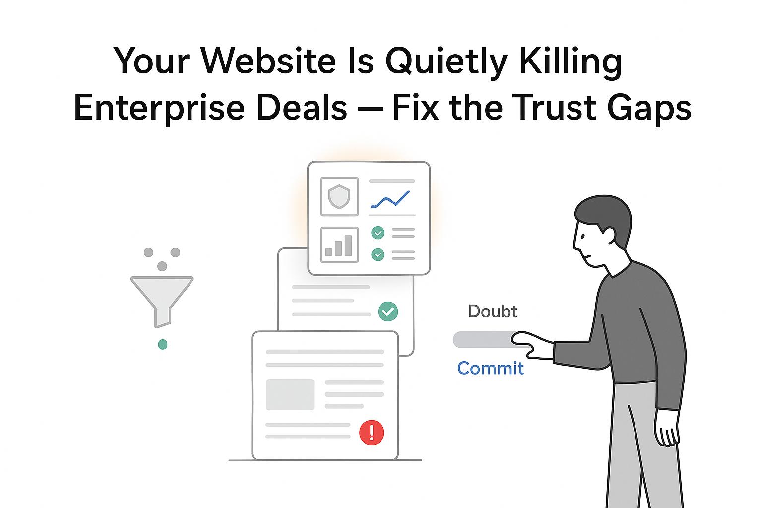 Minimalist illustration of credibility ladder and B2B buyer fixing website trust gaps costing enterprise deals