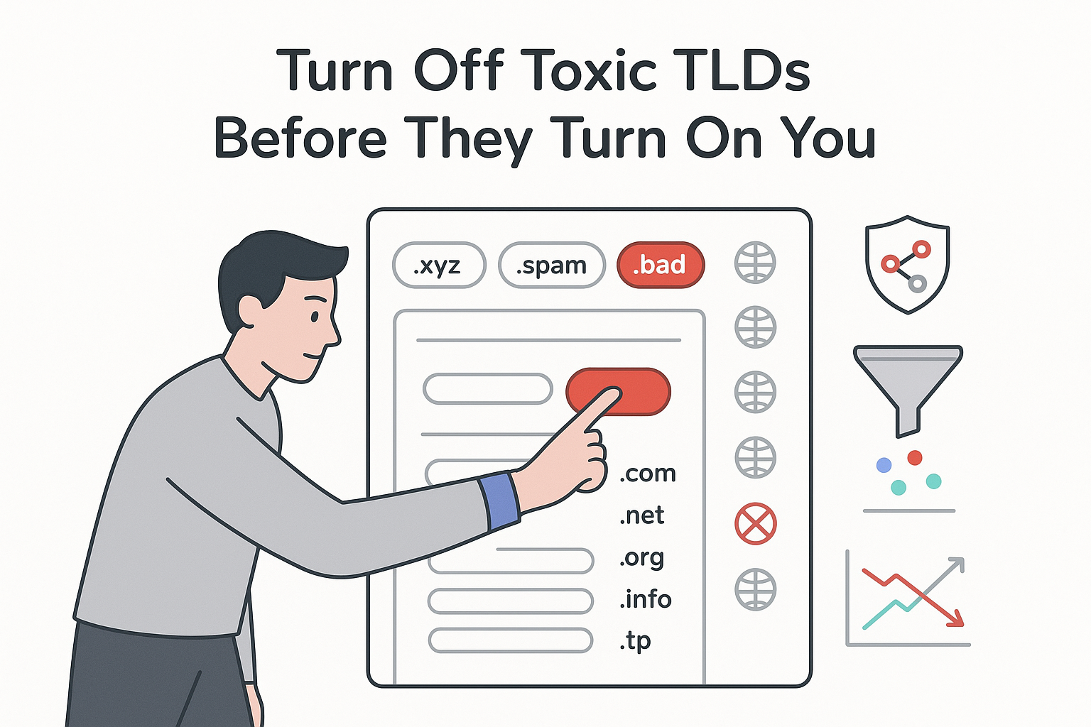 Minimalist link dashboard with analyst toggling toxic TLD chip in red funnel approving quality links