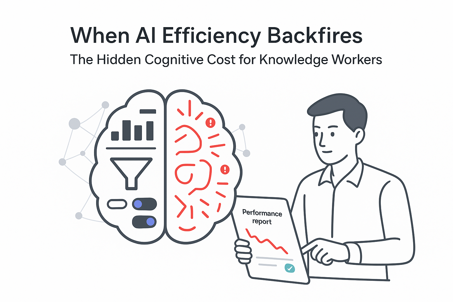 Minimalist AI brain dashboard overheating marketer reviews performance report toggle risk to knowledge workers