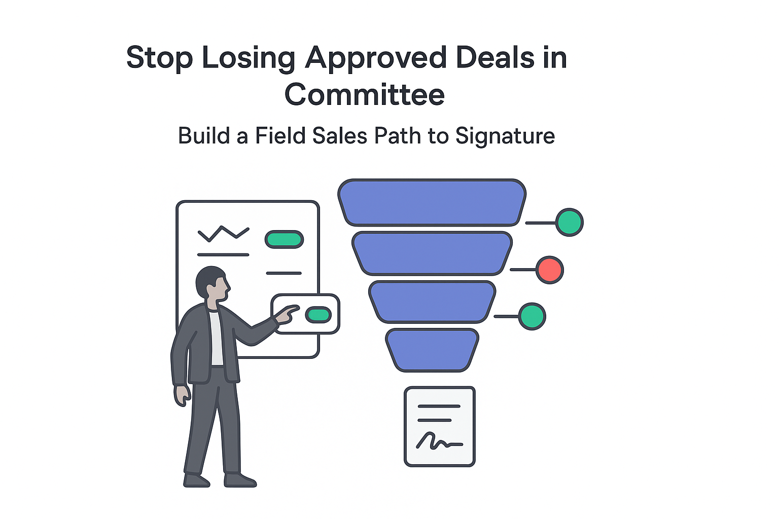 Minimalist sales funnel dashboard illustration field seller toggles red stakeholder node to green contract signature