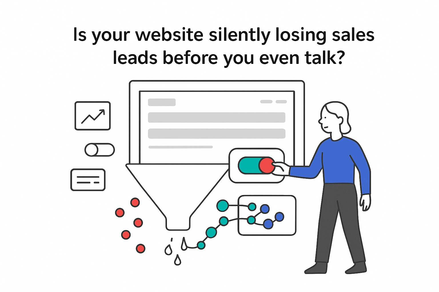 Website losing sales leads through funnel to qualified pipeline with B2B professional flipping conversion toggle