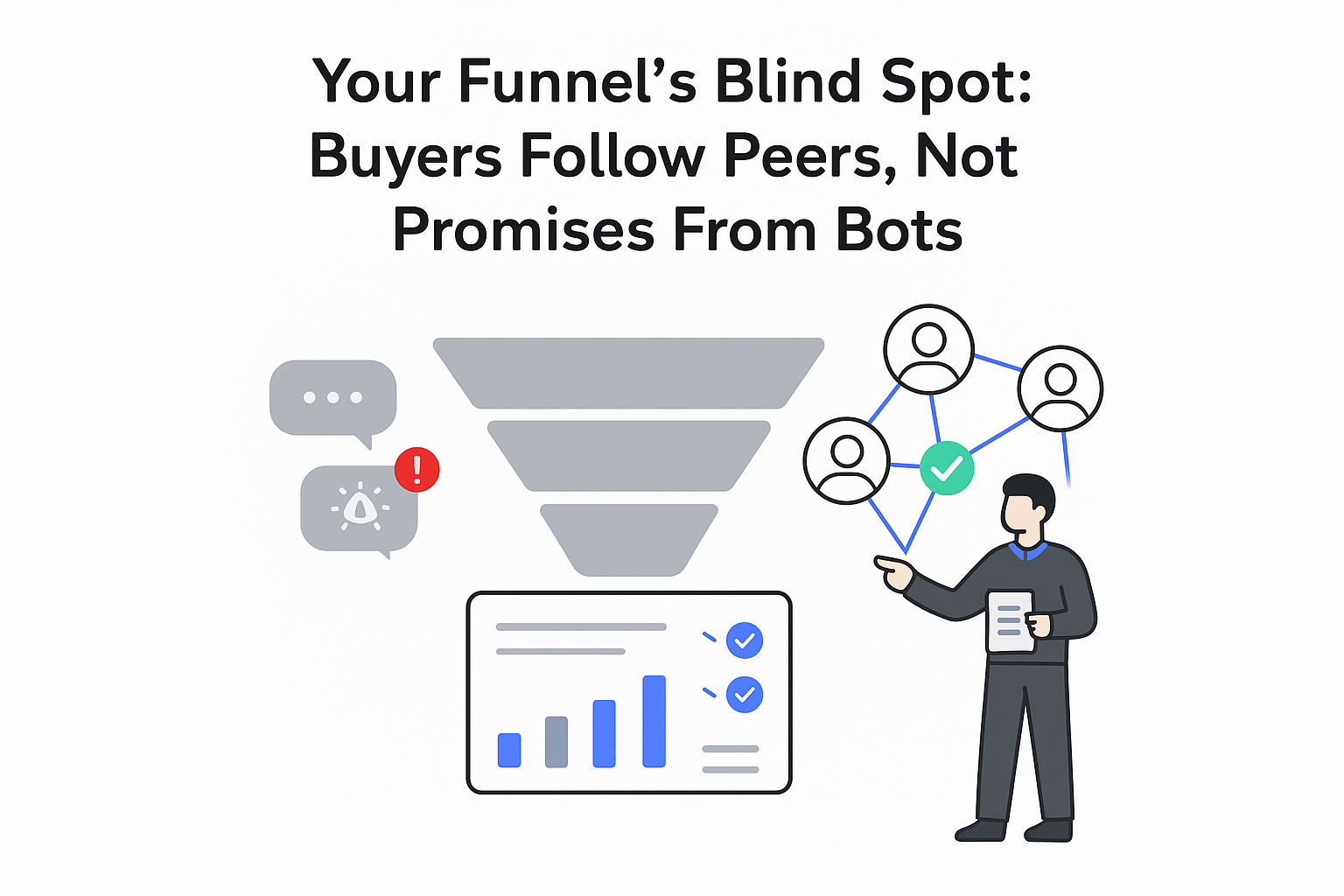 B2B decision hub funnel highlighting buyers following peer network over AI chatbots with analytics panel