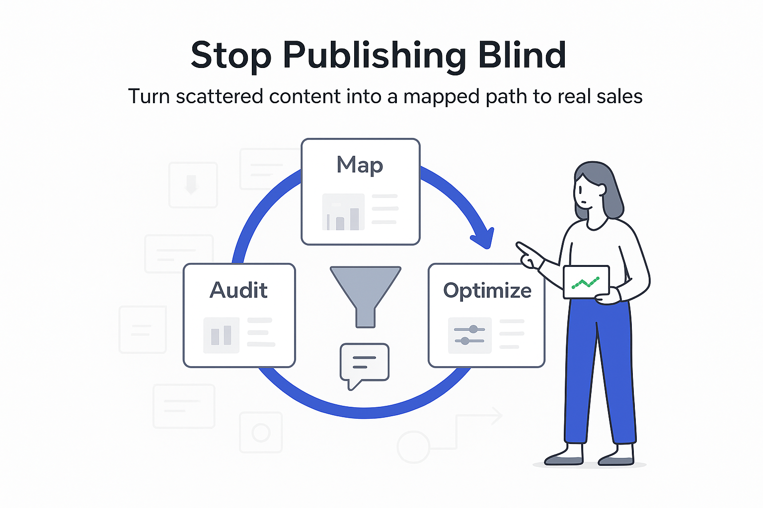 Minimalist content loop map with Map Audit Optimize panels funneling into booked sales calls