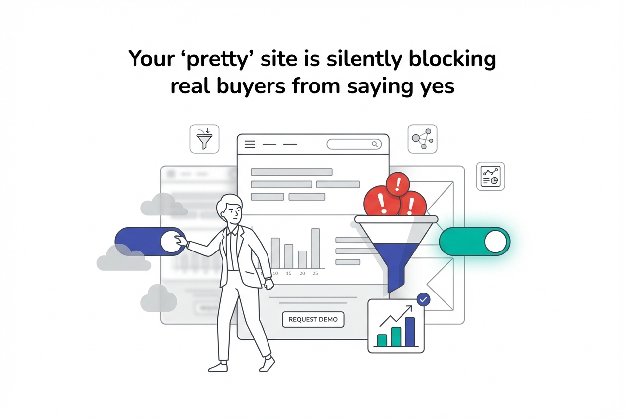 Minimalist B2B website wireframe with clogged to clear funnel toggle and business professional fixing conversion